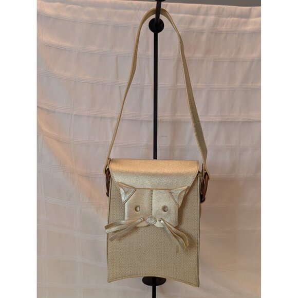 Cat Theme Gold Shoulder Bag W/ Whisker & Tail Detail Faux Leather Purse Unique - Picture 1 of 13